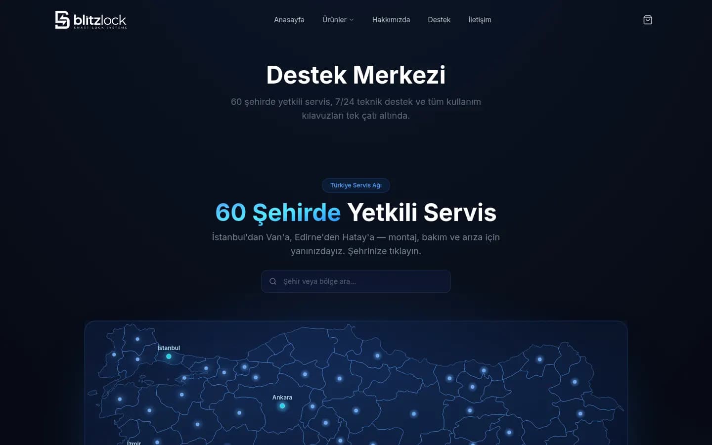 Blitzlock, Destek Merkezi: etkileşimli servis haritası ile montaj, servis ve garanti talep formları