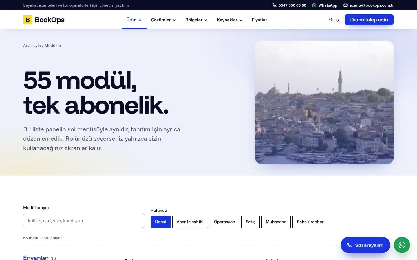 BookOps, 55 modülün rol filtresiyle listelendiği modüller sayfası