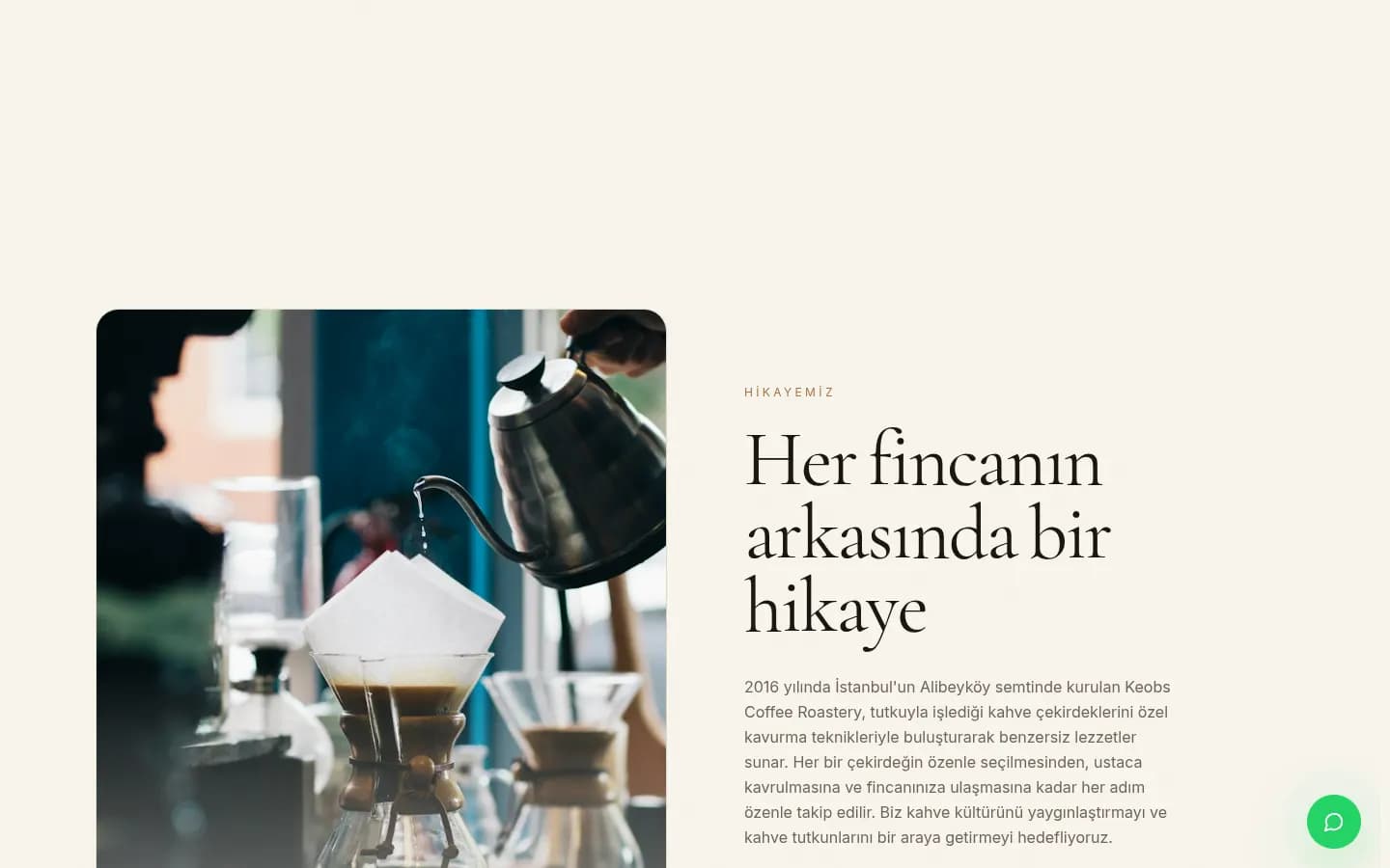 Keobs Coffee Roastery, Ürün sayfası: tat notası kartı, rakım ve işlem bilgisi, zorunlu öğütüm seçimi