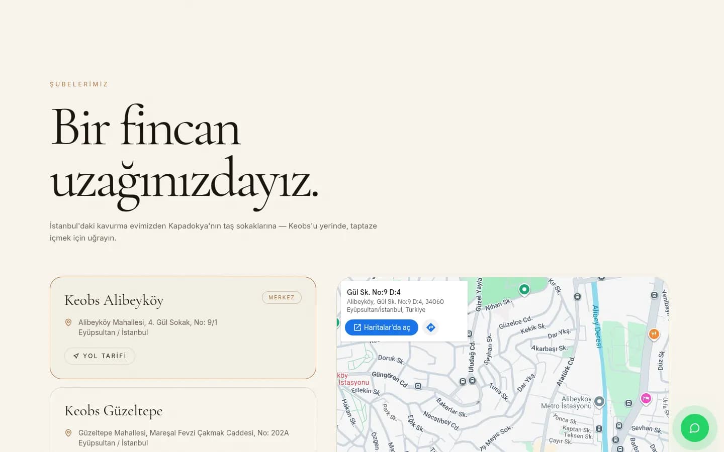 Keobs Coffee Roastery, Şubeler: Alibeyköy, Güzeltepe ve Kapadokya Mustafapaşa, tek dokunuşla yol tarifi