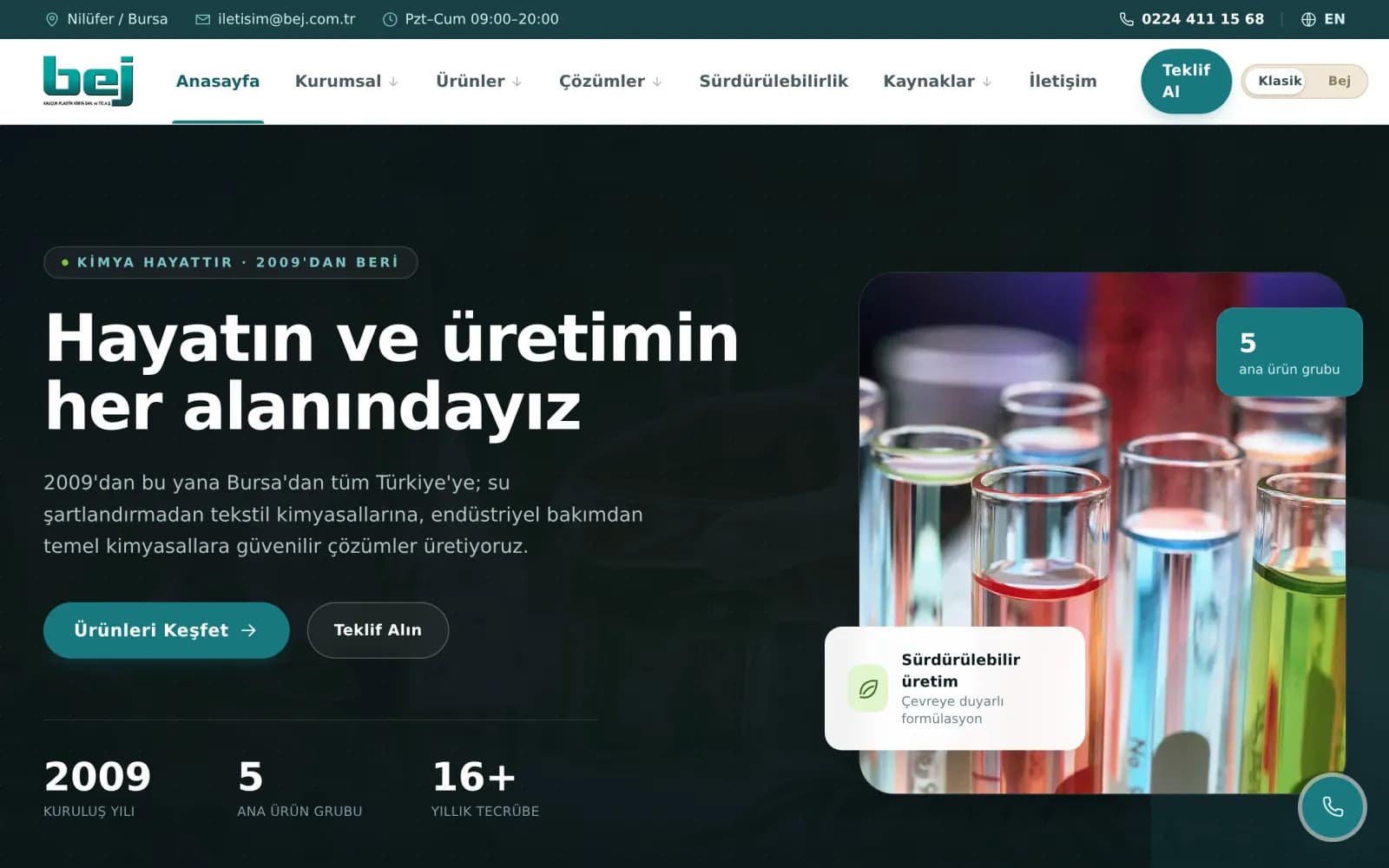 BEJ Kimya web sitesi ana sayfa ekran görüntüsü
