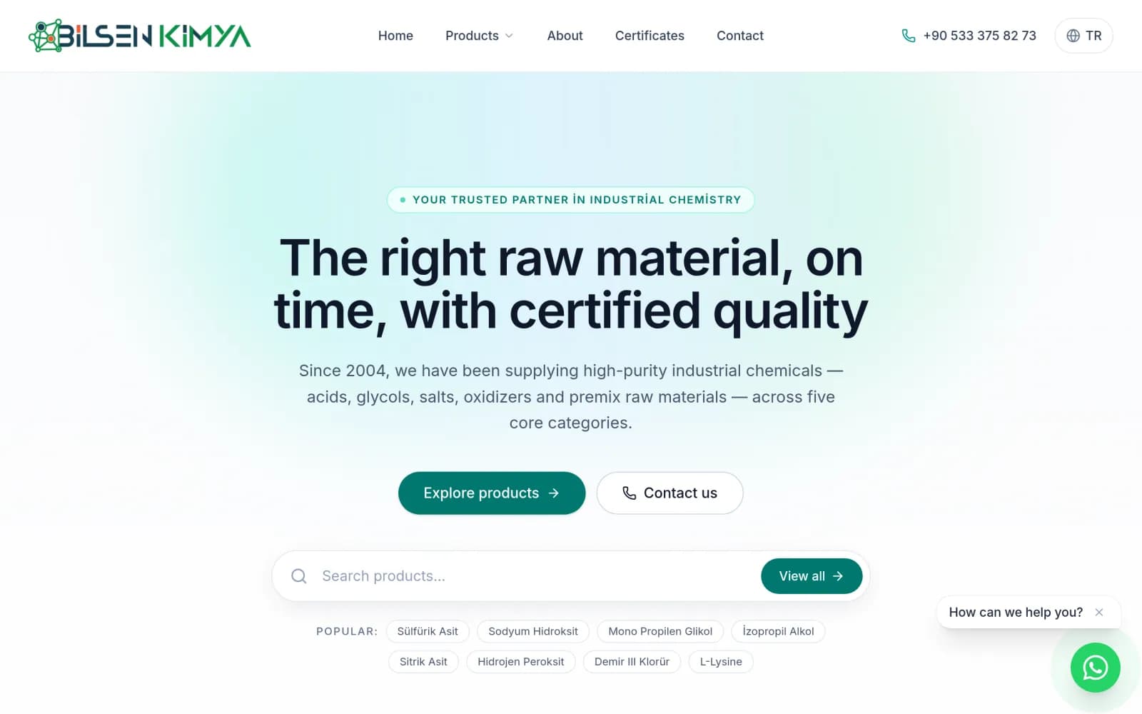 Bilsen Kimya web sitesi ana sayfa ekran görüntüsü
