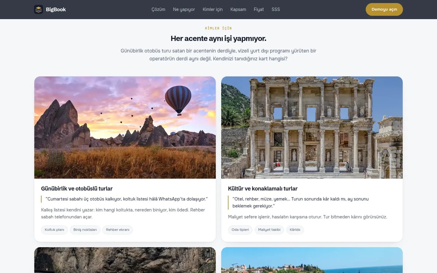 BigBook, Acente tipine göre 'Kimler için' kartları