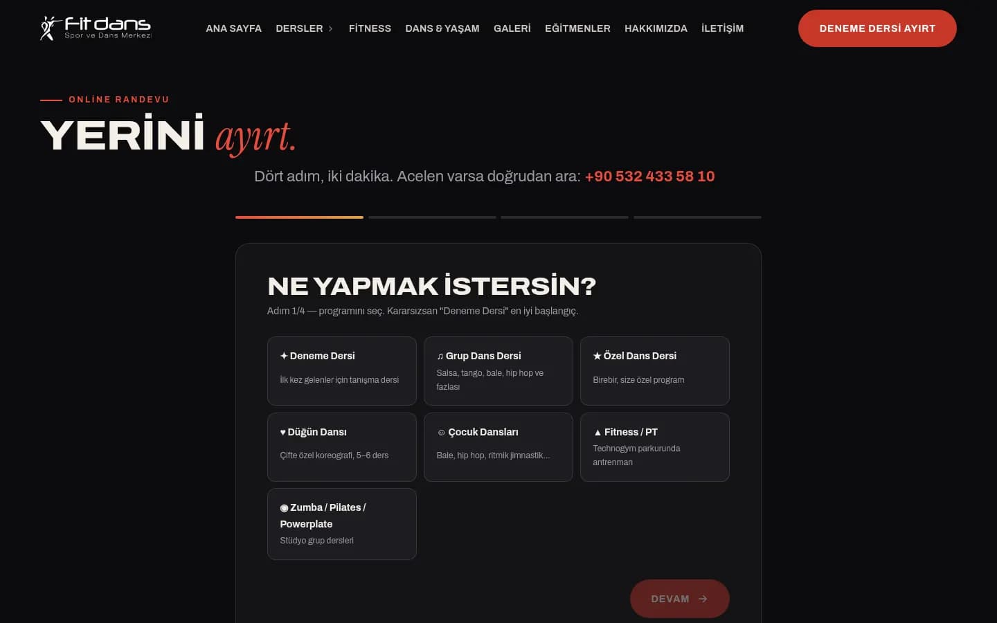 Fitdans, Dört adımlı randevu sihirbazı: program, eğitmen, gün-saat ve iletişim