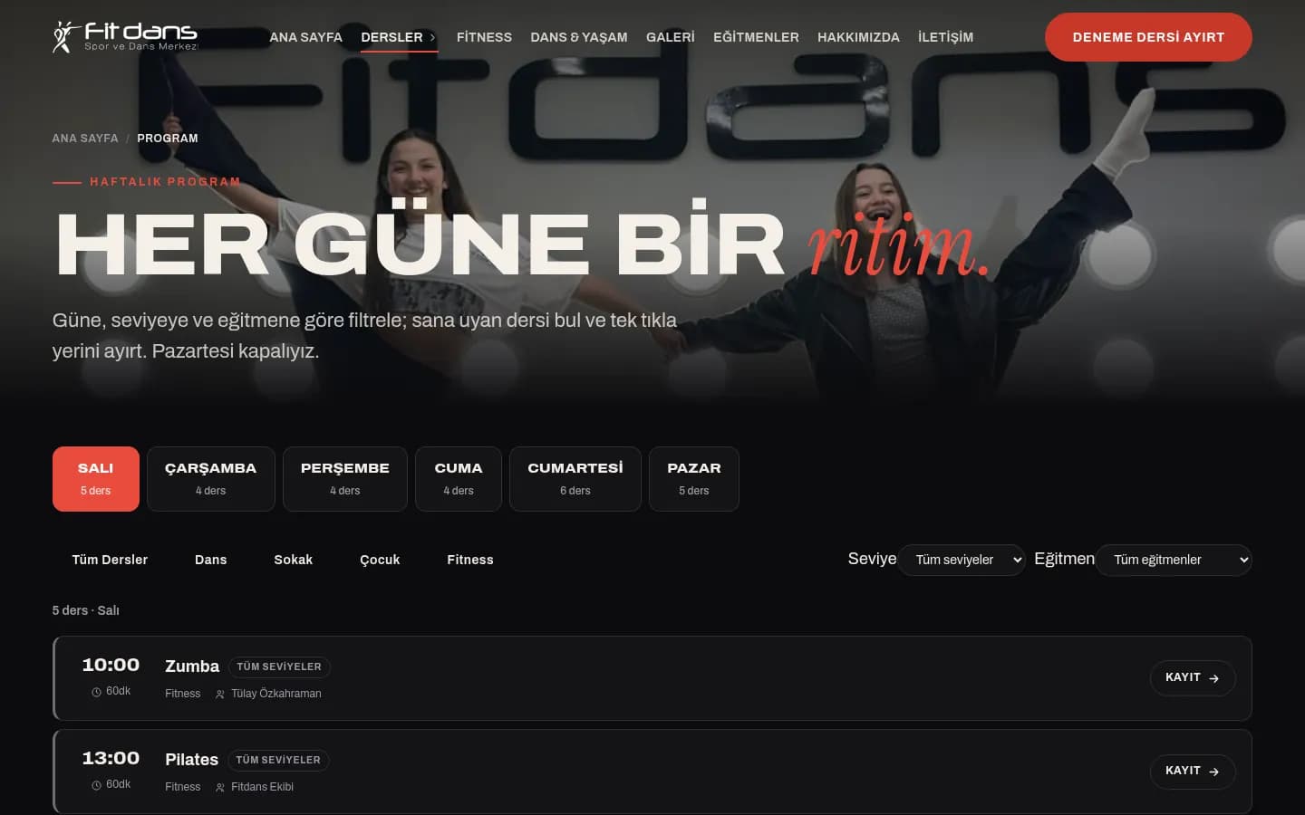 Fitdans, Haftalık program: güne, seviyeye ve eğitmene göre filtrelenen dersler