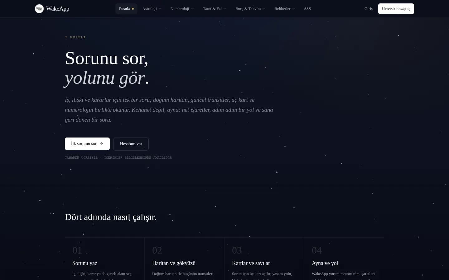 WakeApp, Pusula: doğum haritası, transit, tarot ve numerolojinin tek soruya baktığı okuma