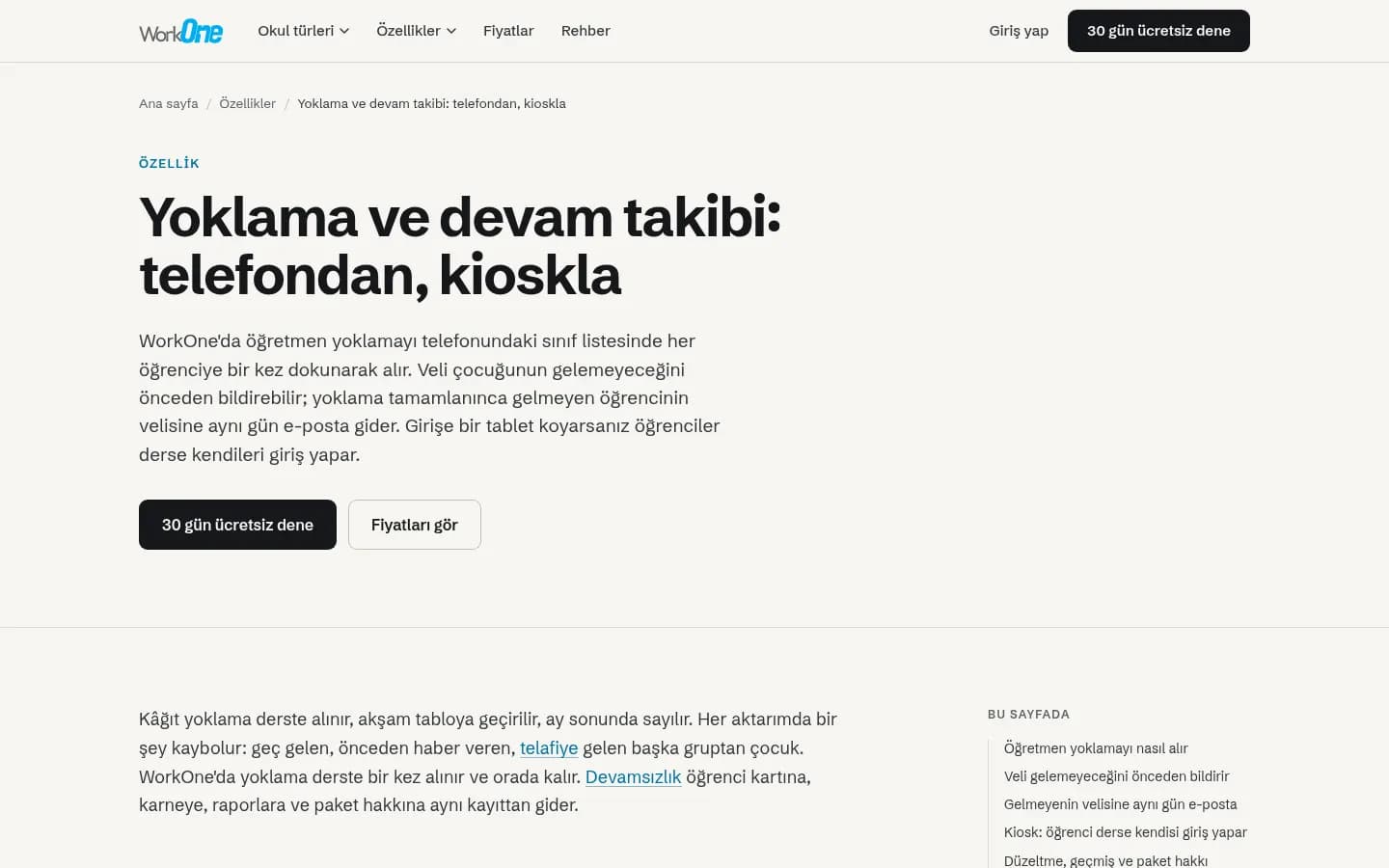 WorkOne, Telefondan yoklama ve kiosk ile derse giriş akışının anlatıldığı sayfa