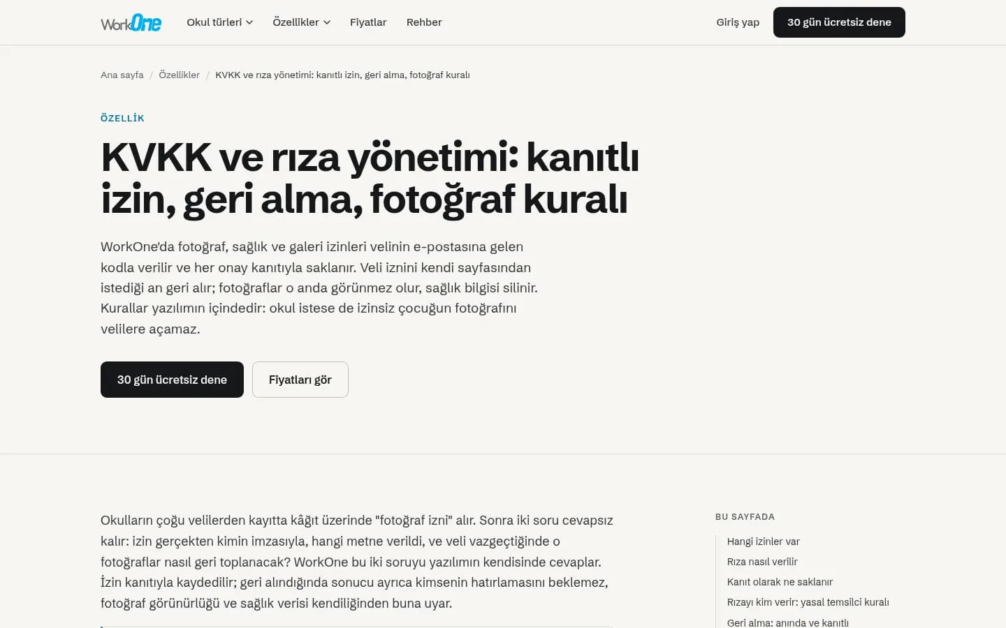 WorkOne, Kanıtlı rıza, etiketli fotoğraf ve geri alma kurallarının anlatıldığı KVKK sayfası