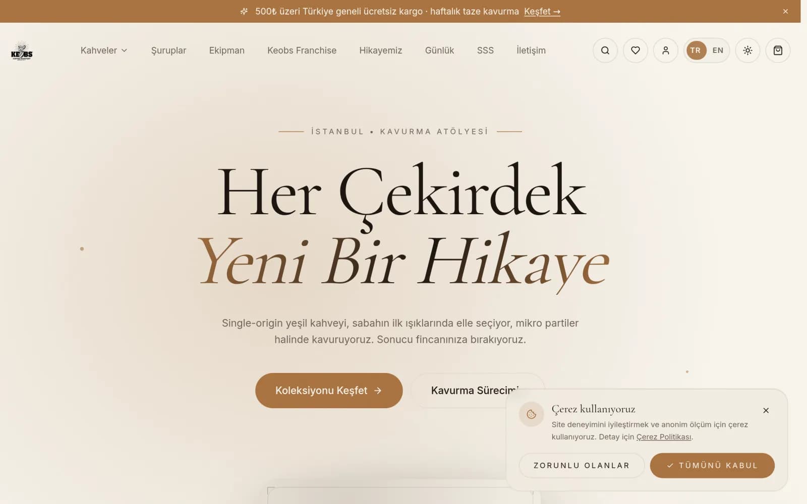 Keobs Coffee Roastery web sitesi ana sayfa ekran görüntüsü