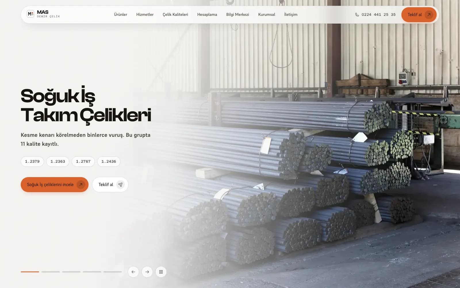 Mas Demir Çelik web sitesi ekran görüntüsü, Çelik Tedariki · Sanayi